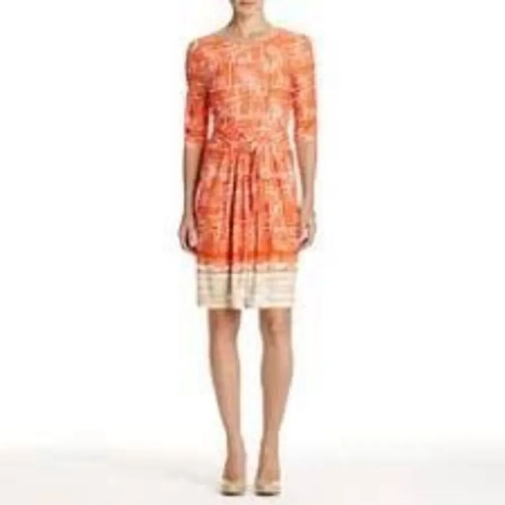 Jones New York Size 8 Tie Waist Midi Dress Orange Cross Hatch Print Fall Modest